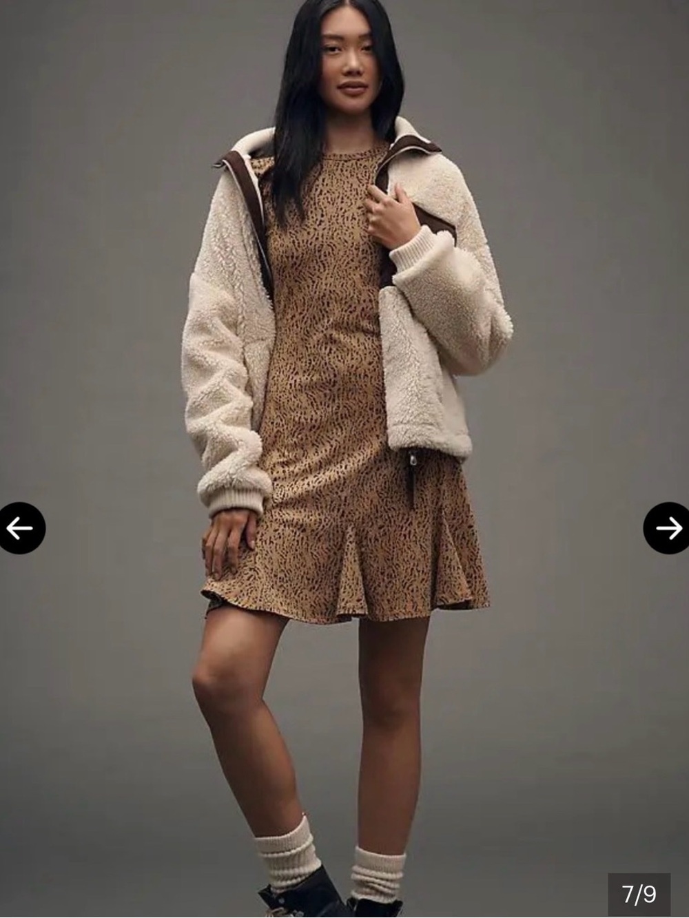 Nation LTD Lyla Long-Sleeve Mini Dress in Camel w/ Abstract Animal Print Cotton
